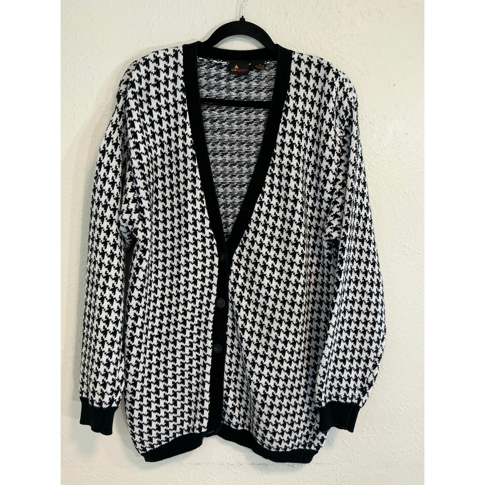 Vintage 90s Lizsport Houndstooth Cardigan Sweater Black White Cotton Womens M